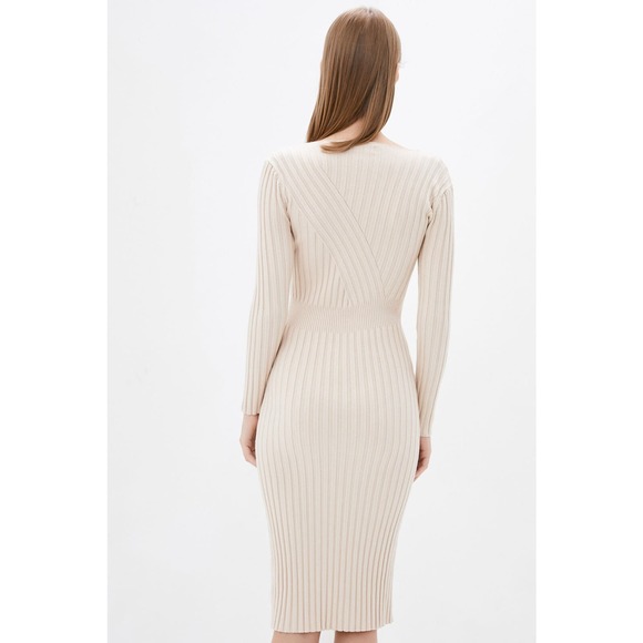 DASTI Bodycon Dress Knit Midi Ribbed Sexy Vestidos De Moda Nude Long Sleeves - Picture 3 of 6